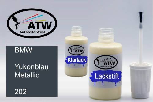 BMW, Yukonblau Metallic, 202: 20ml Lackstift + 20ml Klarlack - Set, von ATW Autoteile West.